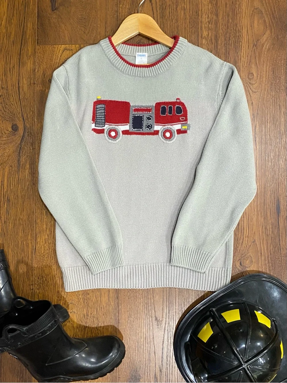 Gymboree Boys Vintage ‘Firehouse No.5’ Gray Fire Truck Sweater Size 7